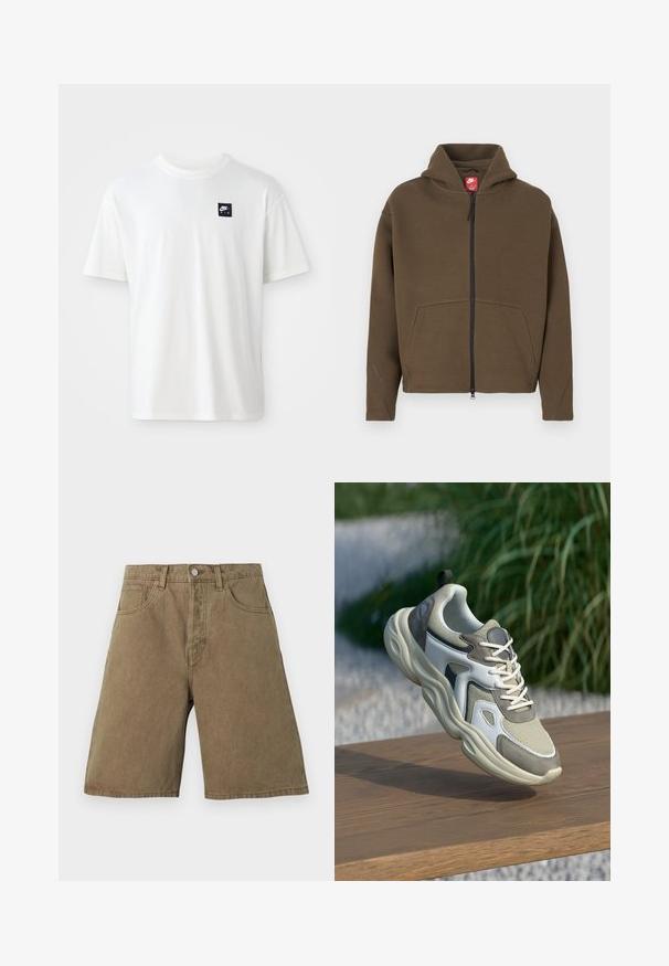Bruine hoodie met ritssluiting, grote capuchon, voorzakken en reflecterende accenten op de mouwen. Gemaakt van zacht stof met een gestructureerde afwerking.; Witte katoenen t-shirt met korte mouwen en een ronde hals; heeft een klein zwart rechthoekig Nike Air logo op de linkerkant van de borst.; Bruine high-waist katoenen denim shorts met knoopsluiting aan de voorkant, ritssluiting, lussen voor een riem en twee voorzakken op een effen achtergrond.; Grijze en witte sneaker met een mesh bovenkant, een gevoerde tong, getextureerde accenten en een dikke rubberen zool, boven een houten oppervlak.