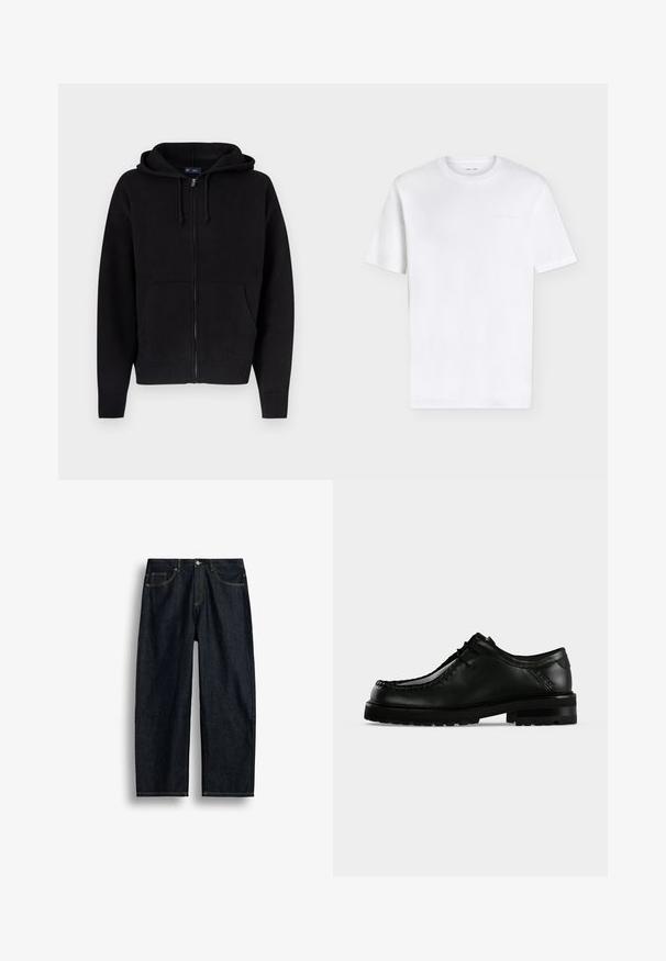 Sweat à capuche zippé noir en tissu doux mélangé coton. Comprend une capuche avec cordon, des poches avant et des poignets et ourlet côtelés.; T-shirt blanc uni à manches courtes et col rond avec un logo embossé subtil sur la partie supérieure gauche de la poitrine, présenté sur fond blanc.; Jean en denim bleu foncé à coupe droite avec couture jaune, poches avant et fermeture par bouton à la taille.; Chaussure en cuir noir à lacets avec semelle épaisse en caoutchouc et couture moc toe, vue de profil gauche sur fond clair uni.
