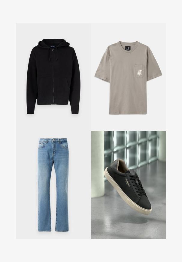 Schwarzer Kapuzenpullover zum Reißverschluss aus weichem Baumwollmischgewebe. Mit Kordelzugkapuze, Fronttaschen sowie gerippten Bündchen und Saum.; Graues T-Shirt mit kurzen Ärmeln aus Baumwolle, ausgestattet mit einer Tasche auf der linken Brust mit einem weißen Logodesign. Rundhalsausschnitt, lässige Passform.; Hellblaue Jeans aus Denim mit geradem Schnitt, fünf Taschen und subtiler Abnutzung. Mit einem klassischen Taillenbund und geradem Saum an den Knöcheln.; Schwarzer Sneaker mit niedrigem Schaft, beiger Sohle und Schnürsenkeln, „ALLSAINTS LONDON“-Logo an der Seite, schwebend über poliertem Betonboden mit Glassteinwand im Hintergrund.