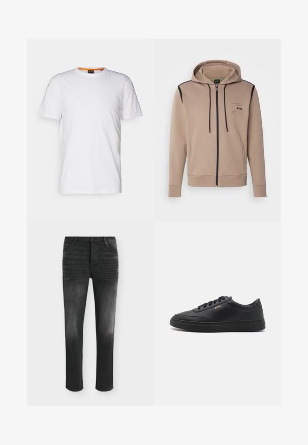 Hoodie in een beige katoenmix, met een zwarte rits, zijzakken en minimalistische logodetails op de borst.; Witte katoenen T-shirt met ronde hals, korte mouwen en een subtiel reliëflogo op de borst. Het binnenlabel heeft een oranje accent.; Zwarte skinny-fit jeans met vervaagde details, vijfzakkenstijl en knoopsluiting in de taille.; Zwarte leren sneakers met een gladde textuur, ronde neus, platte rubberen zool en tonale veters. Kenmerkt zich door de gouden "BOSS" branding aan de zijkant.