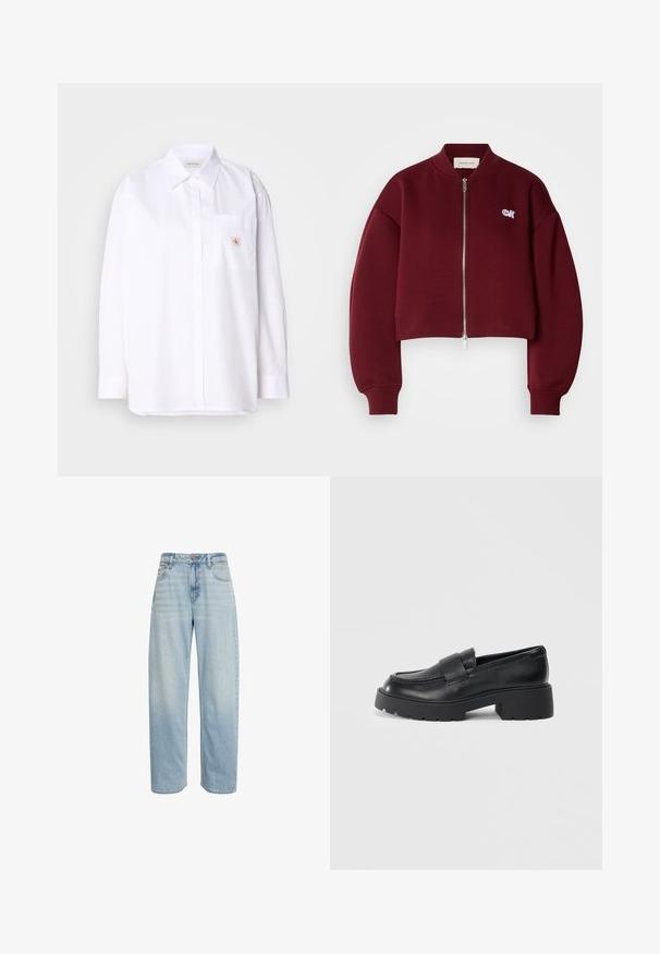 Calvin Klein Jeans Mikina so zipsom - deep rouge; Biela bavlnená košeľa na gombíky s dlhými rukávmi, s náprsné vreckom a malou nášivkou CK na vrecku. Hladká textúra a prispôsobený strih.; Svetlomodré rifle s vysokým pásom a rovnými nohavicami, s piatimi vreckami a zapínaním na gombíky, zobrazené na bielom pozadí.; Čierne kožené loafery s textúrovaným povrchom, s obdĺžnikovým prúžkom cez priehlavok a robustným, drsným designom podrážky.