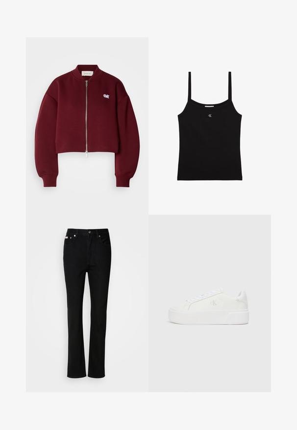 Calvin Klein Jeans Mikina so zipsom - deep rouge; Čierny krátky top s tenkými ramienkami a malým strieborným logom CK uprostred pod výstrihom.; Čierne džínsy s rovnými nohavicami, s predným gombíkom a zipsom, pútka na opasok a s piatimi vreckami.; Biele platformové tenisky s hladkým koženým zvrškom, zaoblenou špičkou, bielymi šnúrkami a jemným detailom loga na boku. Plochá gumová podrážka.