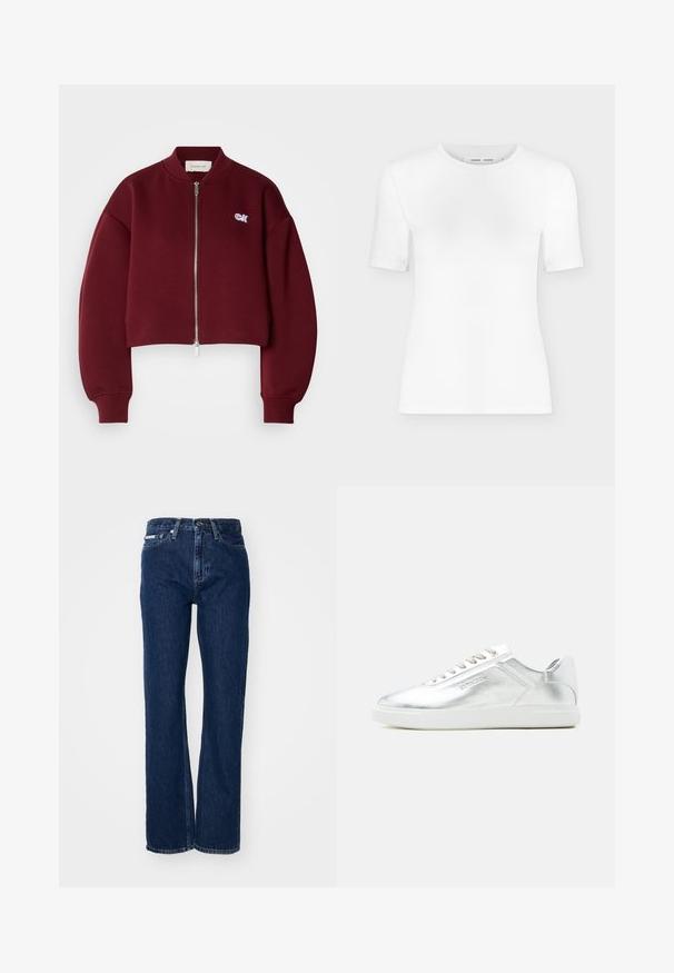 Calvin Klein Jeans Sudadera con cremallera - deep rouge; Camiseta blanca de manga corta con cuello redondo, ajuste slim y textura de tejido acanalado, mostrada sobre un fondo liso gris claro.; Vaqueros de mezclilla azul oscuro con piernas rectas, cierre de botón y cinco bolsillos. La tela tiene una ligera textura con sutiles detalles en la costura.; Zapatilla baja metálica plateada con suela y cordones blancos, textura suave y discreto logotipo en relieve en el lateral.