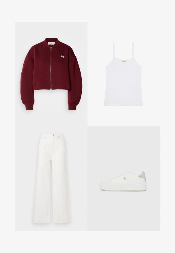 Calvin Klein Jeans Φούτερ με φερμουάρ - deep rouge; Λευκή γυναικεία φανέλα Calvin Klein με λεπτές τιράντες και απλό, εφαρμοστό σχέδιο.; Λευκά ψηλόμεσα τζιν με φαρδιά πόδια, κατασκευασμένα από υλικό τζιν. Διαθέτουν μπροστινές τσέπες, κλείσιμο με κουμπί και λεπτομέρειες με φθαρμένο στρίφωμα.; Λευκά καμβά παπούτσια με παχιά λευκή σόλα, που διαθέτουν μεταλλικό ασημί τόνο στη φτέρνα και διακριτική λεπτομέρεια λογότυπου στο πλάι.