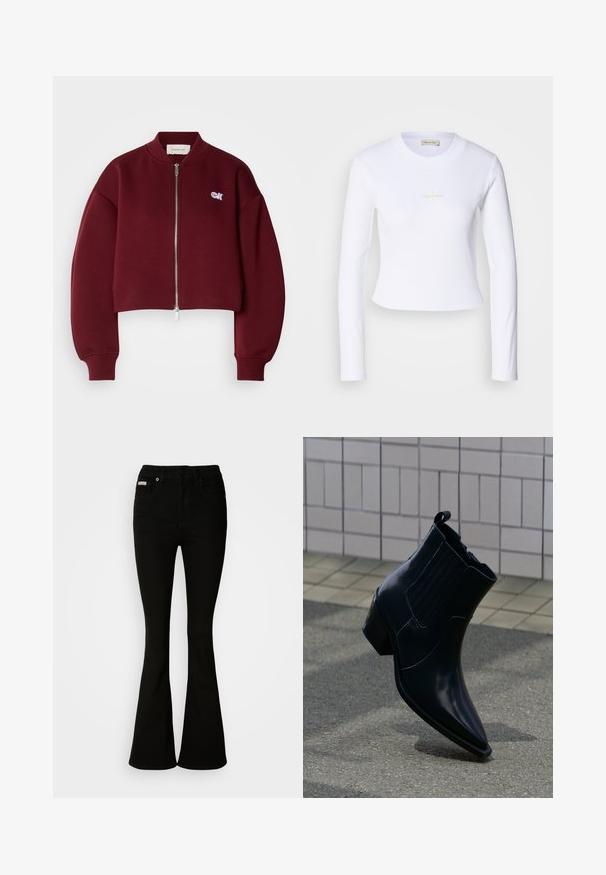 Calvin Klein Jeans Φούτερ με φερμουάρ - deep rouge; Άσπρο κοντό μπλουζάκι με μακριά μανίκια, που διαθέτει μια διακριτική λογότυπο Calvin Klein στο κέντρο, τοποθετημένο σε ανοιχτό γκρι φόντο.; Μαύρο τζιν με φαρδιά γραμμή και εφαρμοστό μέσο, κατασκευασμένο από μαλακό τζιν. Διαθέτει δύο προστιθέμενες τσέπες και κλείσιμο με κούμπωμα και φερμουάρ.; Λείο μαύρο δερμάτινο μποτάκι αστραγάλου με χοντρό τακούνι, ελαστικές πλαϊνές επενδύσεις και θηλιά τράβηγματος, τοποθετημένο όρθιο σε υφή πεζοδρομίου κοντά σε πλακάκια τοίχου.