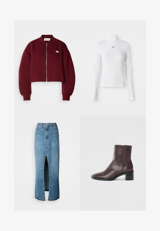 Calvin Klein Jeans Lukuga pusa - deep rouge; Pikkade varrukatega valge kõrge kaelusega topp, mis on valmistatud ribakudumist. Keskel on väike tikitud logo. Sobivate lõikega, ilma mustriteta.; Sinine denimi midi seelik esiseeliku, pleekinud tekstuuri ja valge skripti mustriga. Omab klassikalist vöökohta ja rebendiga äärt.; Tumed pruun nahast pahkluu saapad ruuduvarbaga, ploki kontsaga ja peene embosseeritud logoga ülaosas, valgel taustal.