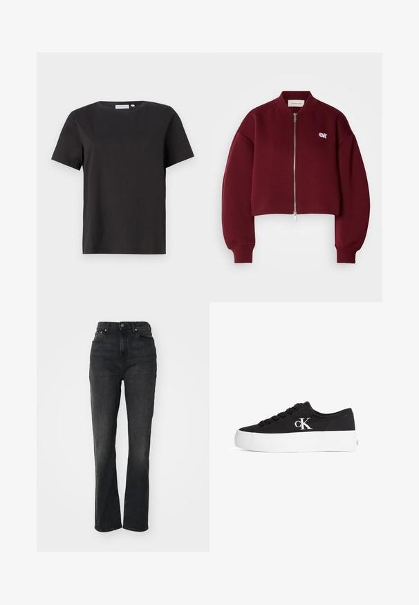 Calvin Klein Jeans Φούτερ με φερμουάρ - deep rouge; Μαύρο βαμβακερό T-shirt με κοντά μανίκια, στρογγυλή λαιμόκοψη και απλό, καθαρό σχέδιο. Χωρίς εμφανή μοτίβα ή διακοσμήσεις.; Μαύρα τζιν με ψηλή μέση, ίσια πόδια, σχέδιο πέντε τσεπών, κλείσιμο μπροστά με κουμπί και ελάχιστες λεπτομέρειες ραφής.; Μαύρο χαμηλό πάνινο αθλητικό παπούτσι με παχύ λευκό πλατφόρμα σόλα και λευκό λογότυπο «cK» στο πλάι, δεμένο με κορδόνια, εμφανίζεται σε δεξιά πλευρική προβολή.