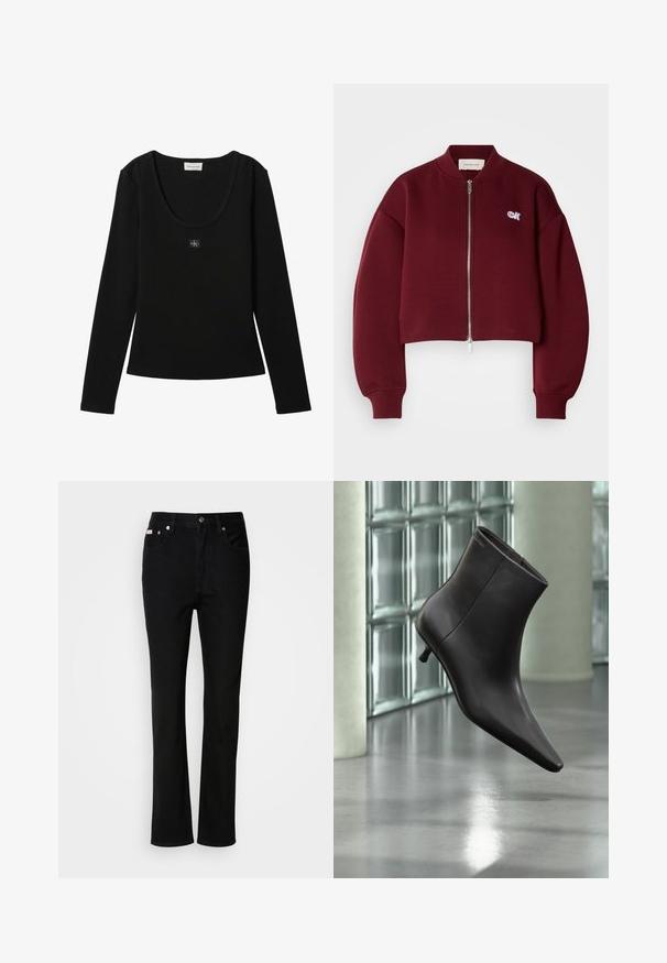 Calvin Klein Jeans Sudadera con cremallera - deep rouge; Top negro de manga larga acanalado con escote redondo y pequeño parche con el logo de Calvin Klein centrado en el pecho.; Vaqueros negros de pierna recta con botón y cremallera en la parte delantera, pasadores para cinturón y estilo de cinco bolsillos.; Bota de cuero negro para el tobillo con puntera puntiaguda y tacón pequeño, exhibida frente a una pared de bloques de vidrio y un suelo pulido.