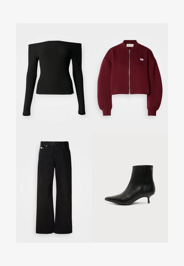 Calvin Klein Jeans Φούτερ με φερμουάρ - deep rouge; Μαύρη μπλούζα με μακριά μανίκια φτιαγμένη από ραβδωτό ύφασμα, με λαιμόκοψη off-the-shoulder, εφαρμοστή γραμμή και ίσια ασυμμετρία. Διακριτική ετικέτα μάρκας στο κάτω μέρος.; Μαύρα τζιν παντελόνια με φαρδιά πόδια, φτιαγμένα από βαμβάκι. Διαθέτουν μπροστινές τσέπες, κλείσιμο με κουμπί και κλασική υφή τζιν. Μινιμαλιστικός σχεδιασμός χωρίς σχέδια.; Μαύρο δερμάτινο μποτάκι γύρω από τον αστράγαλο με μυτερή μύτη και χαμηλό τακούνι σε ανοιχτό φόντο, εμφανίζει την εξωτερική πλευρά.