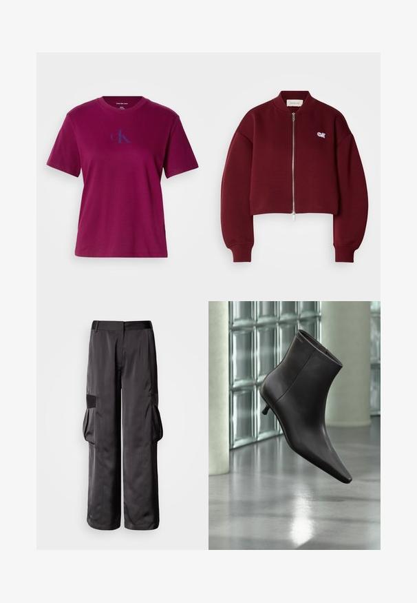Calvin Klein Jeans Φούτερ με φερμουάρ - deep rouge; Μαγκέντα βαμβακερή μπλούζα με στρογγυλή λαιμόκοψη, κοντά μανίκια και μπλε λογότυπο στο στήθος. Διαθέτει χαλαρή εφαρμογή και λεία υφή.; Μαύροι cargo παντελόνια από λείο ύφασμα, με φαρδιά πόδια, μεγάλες πλαϊνές τσέπες και επίπεδη μέση με λεπτομέρειες έμφασης.; Μαύρο δερμάτινο μποτάκι με μυτερή μύτη και μικρό τακούνι, παρουσιάζεται μπροστά σε τοίχο από γυάλινα τετράγωνα και γυαλισμένο δάπεδο.