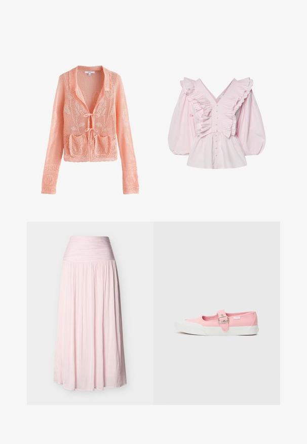 Cárdigan rosa claro de punto abierto con mangas largas, dos bolsillos delanteros, estampado floral y cierre frontal con lazos.; Blusa de algodón rosa con un escote en V profundo, detalles con volantes a lo largo del torso y mangas abullonadas voluminosas con cierre de botón.; Falda larga de talle alto en color rosa claro, con cintura fruncida y tela plisada y fluida que llega hasta el suelo.; Zapatilla de lona rosa con suela plana, que presenta una correa y hebilla en la parte media del pie. Suela de goma blanca con un diseño limpio y simple.