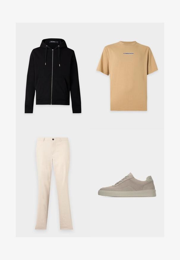 Sweat à capuche noir zippé avec cordons de serrage, poches avant et étiquette de marque visible à l'intérieur du col sur un fond uni clair.; T-shirt beige à manches courtes et col rond avec le logo "J.LINDEBERG" imprimé en lettres foncées centré sur la poitrine.; Pantalon beige à jambes droites avec passants de ceinture, bouton avant et fermeture éclair, présenté sur un fond clair uni.; Baskets en daim beige avec une finition texturée, un bout arrondi et des lacets ton sur ton. Elles présentent une semelle en caoutchouc épaisse et un branding discret sur le talon.