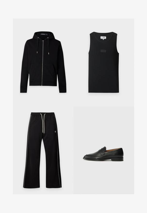 Sweat à capuche noir zippé avec cordons de serrage, poches avant et étiquette de marque visible à l'intérieur du col sur un fond uni clair.; Débardeur noir sans manches avec encolure ronde et petite écusson rectangulaire sur la poitrine, posé à plat sur un fond blanc.; Pantalon noir à jambes larges avec une bande blanche sur le côté, taille élastique et cordon blanc, sur fond gris uni.; Mocassin en cuir noir avec un bout arrondi, des coutures subtiles et un talon bas, présentant une texture lisse et un design minimaliste.