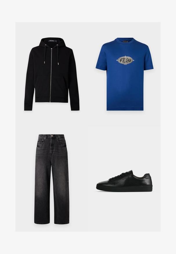 Zwarte hoodie met ritssluiting, trekkoorden, voorzakken en een zichtbaar merklabel binnenin de kraag tegen een effen lichte achtergrond.; Blauw T-shirt met korte mouwen en ronde hals, met een ovale Emporio Armani-logo in crème en zwart centraal op de borst, met de tekst "1981" en "Milano".; Zwarte denim jeans met een losse pasvorm, hoge taille, vijf zakken en een opvallende knoopsluiting. Heeft subtiele vervaging en een recht gesneden ontwerp.; Zwarte lage leren sneaker met zwarte veters en een dikke zwarte zool, getoond van opzij tegen een lichtgrijze achtergrond.