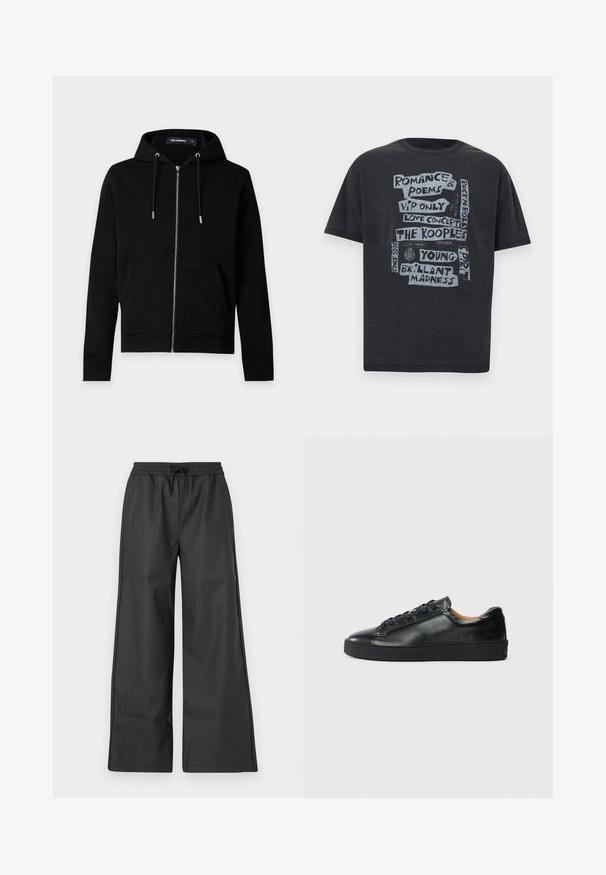 Zwarte hoodie met ritssluiting, trekkoorden, voorzakken en een zichtbaar merklabel binnenin de kraag tegen een effen lichte achtergrond.; Zwart T-shirt met korte mouwen en grijze tekst in handgeschreven stijl met zinnen zoals "Romance & Poems," "VIP Only" en "The Kooples."; Han Kjøbenhavn RELAXED TRACK TROUSERS - Broek - black; Zwarte leren sneaker met een gladde textuur, ronde neus en vetersluiting. Heeft een dikke rubberen zool en minimale merkaanpassing.