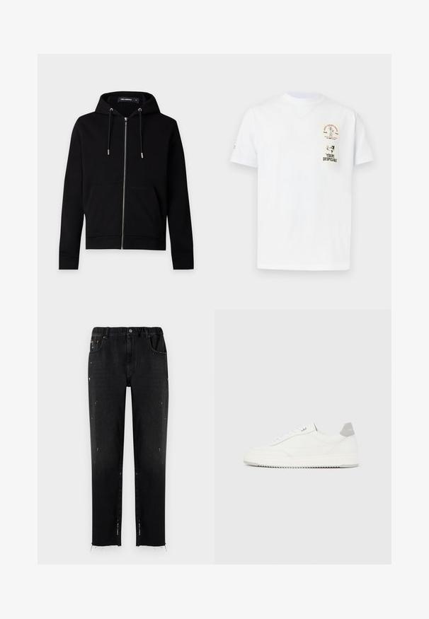 Schwarzer Kapuzenpullover mit Reißverschluss, Kordelzug, Fronttaschen und sichtbarem Markenetikett innen im Kragen vor schlichtem hellem Hintergrund.; Weißes T-Shirt mit kurzen Ärmeln und Rundhalsausschnitt, vorne mit zwei kleinen Grafiken: Wile E. Coyote Coffee-Logo und Silhouette mit dem Text "You're despicable".; Schwarze Jeans aus Denim mit elastischem Bund, geradem Schnitt, abgetragenen Details und fransigem Saum. Mit Taschen und Knopfverschluss.; Weißer Sneaker mit niedrigem Schaft, grauem Fersenlaschen, weißen Schnürsenkeln und einer strukturierten Sohle, dargestellt vor einem schlichten hellen Hintergrund.