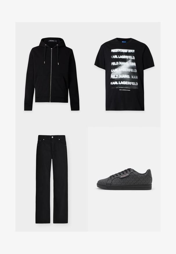 Zwarte hoodie met ritssluiting, trekkoorden, voorzakken en een zichtbaar merklabel binnenin de kraag tegen een effen lichte achtergrond.; Zwart T-shirt met korte mouwen met een wit wazig herhaald "KARL LAGERFELD" en "FELD JEANS" tekstontwerp aan de voorkant.; Zwarte jeans met rechte pijpen, knoopsluiting, riemlussen en voor- en achterzakken, weergegeven tegen een lichte achtergrond.; Zwarte sneakers met een textuur bovenwerk van stof met een subtiel MK-patroon, zwarte leren accenten en een zwarte rubberen zool.