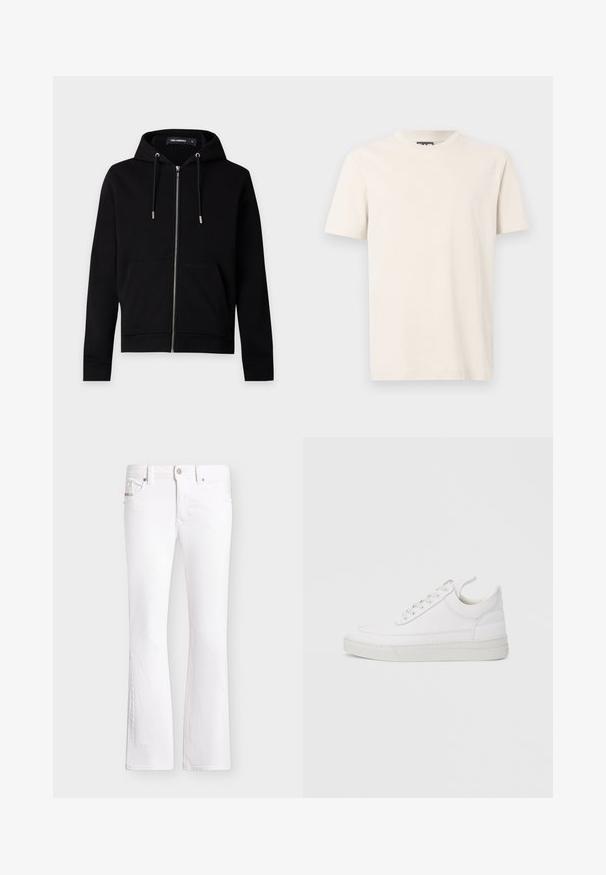 Sweat à capuche noir zippé avec cordons de serrage, poches avant et étiquette de marque visible à l'intérieur du col sur un fond uni clair.; T-shirt blanc cassé à manches courtes avec col rond, arborant un logo discret en relief "EA7 Emporio Armani" sur la poitrine, présenté sur un fond uni.; Jean bootcut blanc avec fermeture avant par bouton et zip, passants de ceinture et poches, présenté sur un fond uni.; Baskets en cuir blanc avec un embout arrondi, une semelle plate et un laçage à l'avant. Présentent des détails de couture et un col rembourré pour plus de confort.