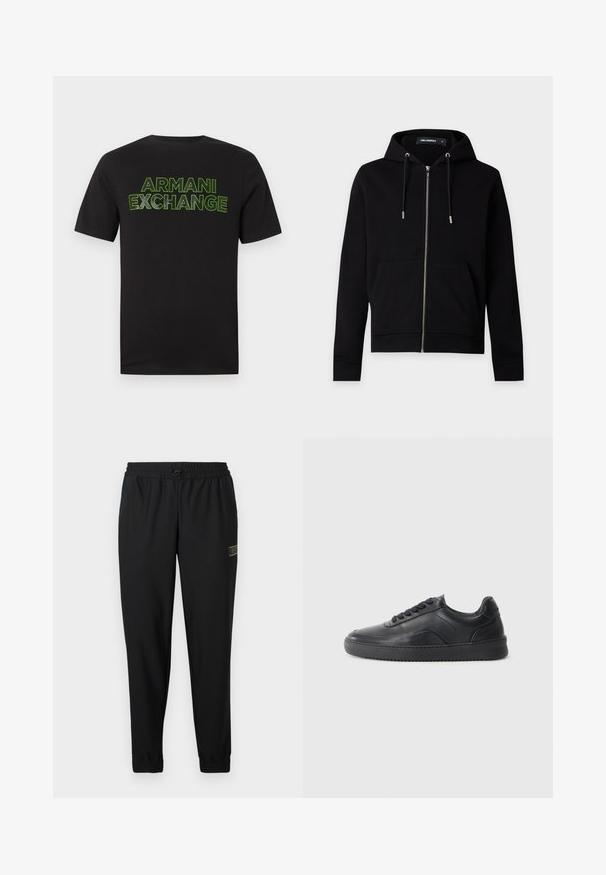 Sweat à capuche noir zippé avec cordons de serrage, poches avant et étiquette de marque visible à l'intérieur du col sur un fond uni clair.; T-shirt noir à manches courtes avec le texte "ARMANI EXCHANGE" en contour vert néon sur la poitrine, sur un fond blanc uni.; Pantalon de sport noir en tissu texturé, taille élastique, cordon de serrage, jambes fuselées, avec un petit logo doré sur le côté gauche.; Chaussure de sport en cuir noir avec une finition lisse, bout arrondi, panneau latéral texturé et lacets noirs. Présente une semelle en caoutchouc plate et un design minimaliste.