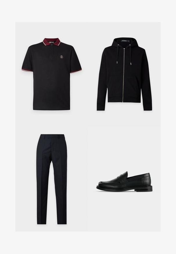 Μαύρο φούτερ με φερμουάρ, κορδόνια, μπροστινές τσέπες και ορατή ετικέτα μάρκας μέσα στο γιακά, σε απλό φωτεινό φόντο.; Μαύρο πόλο με μπορντό γιακά που έχει λευκές ρίγες. Μικρό κεντημένο λογότυπο στο στήθος. Κοντά μανίκια, κλασική εφαρμογή, βαμβακερό υλικό.; Μαύροι καλοραμμένοι επίσημοι παντελόνια με ίσια γραμμή, θηλιές για ζώνη και ρυτίδα μπροστά, απεικονίζονται σε ουδέτερο φόντο.; Μαύρο δερμάτινο ανδρικό παπούτσι τύπου penny loafer με χαμηλό στρωμένο τακούνι και στρογγυλεμένη μύτη, εμφανιζόμενο από πλάγια σε ανοιχτό γκρι φόντο.