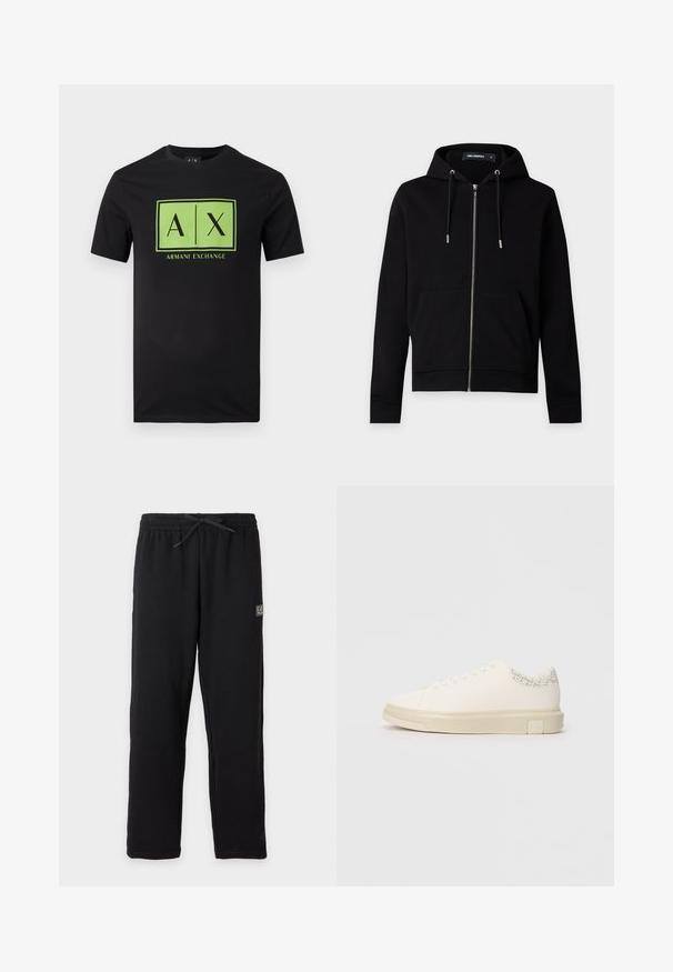 Sweat à capuche noir zippé avec cordons de serrage, poches avant et étiquette de marque visible à l'intérieur du col sur un fond uni clair.; T-shirt noir à manches courtes avec un logo rectangulaire vert comportant les textes "A|X" et "Armani Exchange" centrés sur le devant.; Pantalon de survêtement noir avec taille élastique et cordon, avec un petit patch logo EA7 rectangulaire sur la partie supérieure de la cuisse gauche.; Sneaker blanc avec une tige en toile lisse, des lacets plats, un col rembourré et un accent gris texturé à l'arrière. Semelle en caoutchouc épaisse.