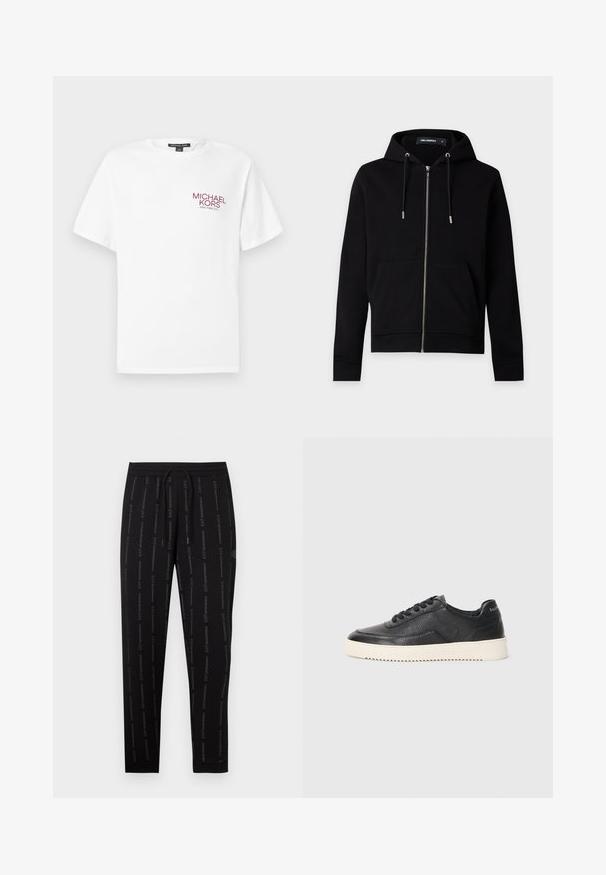 Sweat à capuche noir zippé avec cordons de serrage, poches avant et étiquette de marque visible à l'intérieur du col sur un fond uni clair.; T-shirt blanc à manches courtes avec le logo "Michael Kors New York City" en rouge sur la poitrine gauche et un col rond.; Pantalon de jogging noir à texture lisse, avec une taille élastique, un cordon de serrage et un motif de logo répété dans une teinte contrastante.; Baskets en cuir noir avec finition texturée, bout rond et semelle plate en caoutchouc blanc. Présentent des lacets noirs et un logo sur le talon.