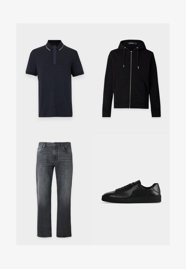 Sweat à capuche noir zippé avec cordons de serrage, poches avant et étiquette de marque visible à l'intérieur du col sur un fond uni clair.; Polo bleu marine à manches courtes avec bordure de col blanche et patte de boutonnage dissimulée, présenté sur un fond neutre.; Jean noir droit avec fermeture avant par bouton et zip, design cinq poches et détails subtils d'usure.; Sneaker noir en cuir à profil bas avec lacets sur le devant et semelle plate texturée, montré de profil sur un fond neutre.