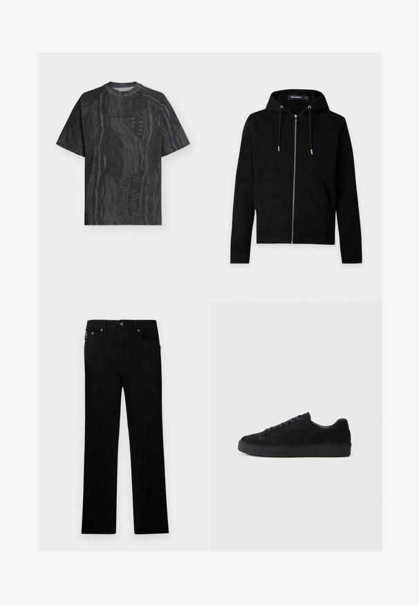Sweat à capuche noir zippé avec cordons de serrage, poches avant et étiquette de marque visible à l'intérieur du col sur un fond uni clair.; T-shirt noir à manches courtes avec col rond, motif abstrait gris foncé subtil et tissu texturé, présenté à plat sur un fond clair.; Jean noir droit avec cinq poches, fermeture par bouton et passants pour ceinture, présenté sur un fond blanc uni.; Basket en suède noire avec une semelle plate et texturée, un bout rond, six œillets pour les lacets et un design minimaliste.