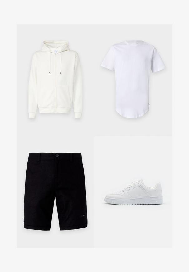 Sweat à zip blanc en tissu doux, avec une poche avant, des cordons de serrage et des poignets côtelés. Texture lisse avec un design minimal.; T-shirt blanc à manches courtes en coton. Design à col rond avec un ourlet arrondi. Étiquette visible sur le côté inférieur gauche. Texture lisse.; Shorts noirs au tissu lisse, dotés d'une fermeture à bouton, de poches classiques et de poignets retroussés. Fabriqués en tissu léger.; Baskets blanches en matière synthétique lisse, avec des lacets plats, une pointe perforée et une semelle en caoutchouc dotée d'un motif de grip texturé.