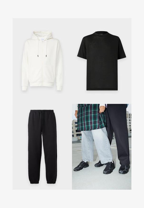 Hvid lynlås hoodie lavet af blødt stof, med en frontlomme, snoretræk og ribbede bek. Glat tekstur med minimal design.; Sort kortærmet t-shirt med høj hals, der har en glat tekstur og subtil glans, lavet af letvægtsstof. Ingen synlige logoer.; Sorte joggingbukser lavet af blødt stof, med elastisk talje og justerbar snor, samt manchetter ved bunden.; Sorte atletik sko med mesh- og gummidetaljer. Båret med lysegrå vide jeans og en ternet grøn bluse. Flad overflade i baggrunden.