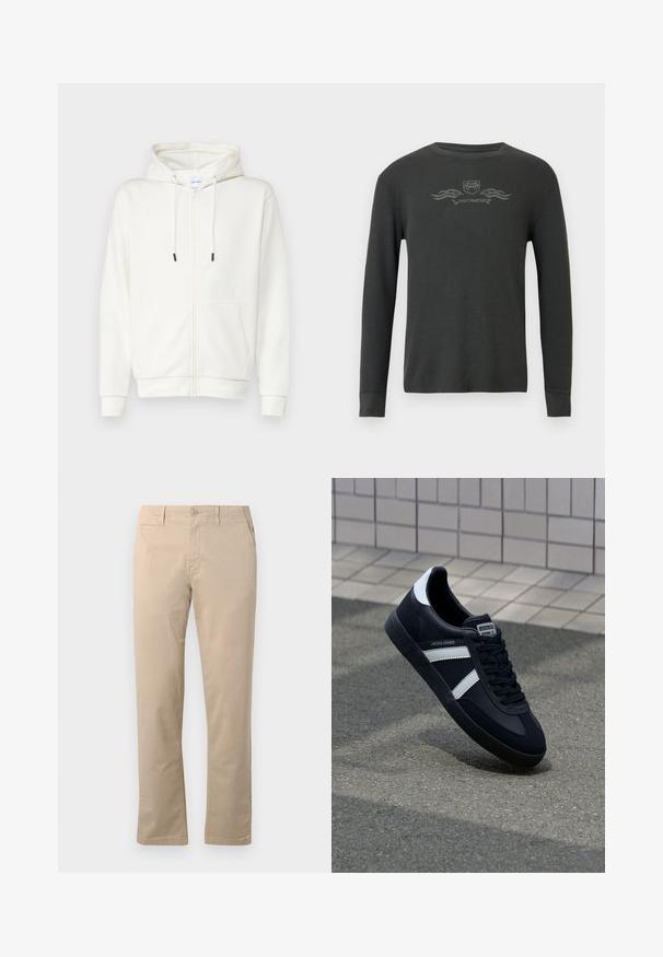 Hvid lynlås hoodie lavet af blødt stof, med en frontlomme, snoretræk og ribbede bek. Glat tekstur med minimal design.; Mørkegrå langærmet termo-shirt med ribbet tekstur. Har en lille grafisk logo på brystet og tætsiddende ærmekanter.; Beige chinos lavet af bomuld, med lige ben-design, traditionel knaplukning og sidelommer med ren syning.; Sort lædersneaker med hvide striber, tekstureret gummisål og snørrebånd foran. Har et brandet mærke på tungen.