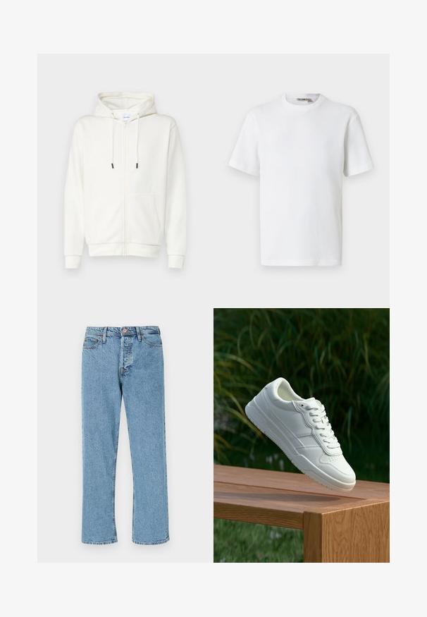 Weiße Zip-Hoodie aus weicher Stoff, mit einer Fronttasche, Kordeln und gerippten Bündchen. Glatter Textur mit minimalistischem Design.; Weißes, kurzärmeliges T-Shirt mit Waffelstrick und Rundhalsausschnitt, mit kleinem Markenetikett im Kragen, auf einfarbigem Hintergrund präsentiert.; Helle blaue Jeans mit geradem Bein, vorderem Knopf, Reißverschluss und Fünf-Taschen-Design auf weißem Hintergrund.; Weiße Ledersneaker mit glatter Oberfläche, ausgestattet mit einem perforierten Design, klassischer Schnürung und Gummisohle, positioniert auf einer Holzoberfläche.