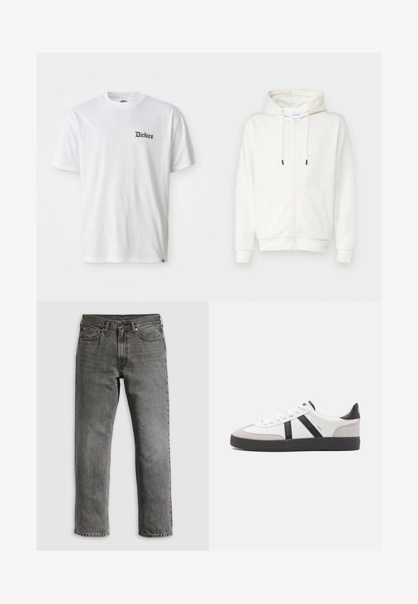 Weiße Zip-Hoodie aus weicher Stoff, mit einer Fronttasche, Kordeln und gerippten Bündchen. Glatter Textur mit minimalistischem Design.; Weißes Baumwoll-T-Shirt mit kurzen Ärmeln und Rundhalsausschnitt. Mit schwarzem "Dickies"-Logo, das auf der linken Brustseite aufgedruckt ist.; Graue Jeans aus Denim mit geradem Bein, ausgestattet mit fünf Taschen, kupfernen Nieten und sichtbaren Nähten. Klassisches Design mit Reißverschluss.; Weiße Sneaker mit schwarz- und grau-aczenten, ausgestattet mit einer strukturierten grauen Zehenkappe, schwarzer Gummi-Sohle und flachen weißen Schnürsenkeln. Sauberes Design, minimalistische Stil.