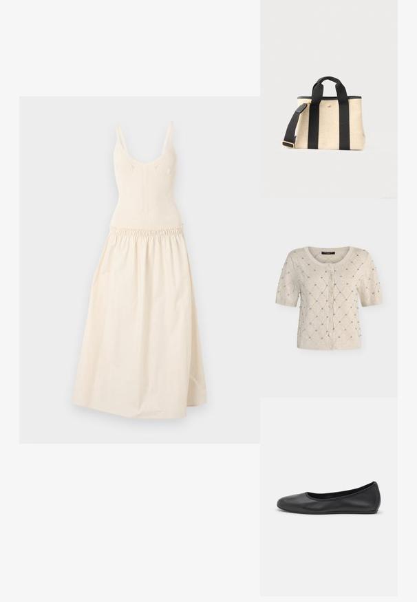 Cardigan beige à manches courtes avec boutons sur le devant, motif matelassé en losanges, et petits clous argentés sur un fond uni clair.; Robe en tricot crème avec des bretelles ajustables, corsage ajusté et taille froncée menant à une jupe évasée. Texture lisse, design minimaliste.; Ballerines en cuir noir avec un bout rond, texture lisse, détails de couture minimalistes et design de semelle flexible.; Sac fourre-tout en toile beige avec poignées noires, bandoulière réglable noire, fermeture éclair supérieure et petit bouton doré à l'avant.