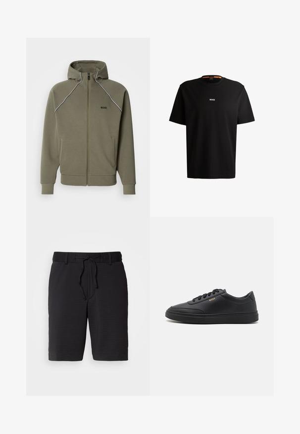Sudadera con capucha de color verde oliva, de tela suave, con cremallera, capucha, ribetes blancos a lo largo de los hombros y dos bolsillos laterales.; Camiseta de algodón negro con cuello redondo, mangas cortas y el logotipo "BOSS" en blanco centrado en el pecho. Textura suave, corte casual.; Pantalones cortos negros con un patrón texturizado, cinturilla elástica y cordón ajustable para un mejor ajuste. Longitud hasta el medio muslo, diseño simple sin bolsillos visibles.; Zapatillas de cuero negro con una textura suave, punta redondeada, suela plana de goma y cordones a tono. Presentan el logotipo dorado "BOSS" en el lateral.