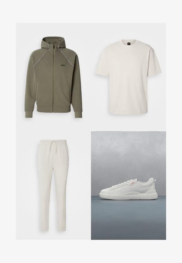 Olivengrøn zip-up hættetrøje lavet af blødt stof, med hætte, hvid piping langs skuldrene og to sidelommer.; Kortærmet, crew-neck t-shirt i off-white bomuld med lige snit og minimal branding på kraven. Blød tekstur, uden mønstre.; Lys beige sweatpants lavet af blødt, tekstureret stof. Har en snørre i taljen, ribbede manchetter og sidelommer. Skræddersyet pasform.; Hvide sneakers med en glat læderfinish, rund tå, fire snørehuller, subtile perforeringer og en rød logo detalje på siden.