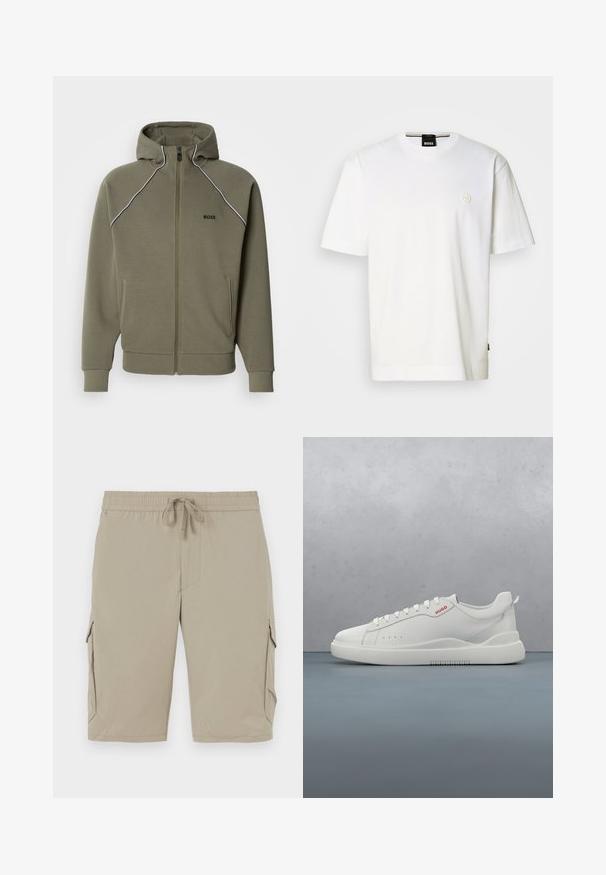 Olijfgroene zip-up hoodie gemaakt van zacht stof, voorzien van een capuchon, witte biezen langs de schouders en twee zijzakken.; Wit katoenen T-shirt met een ronde hals, korte mouwen en een klein logo op de borst. Rechte zoom aan de onderkant.; Beige cargoshorts met een elastische tailleband en een koord. Beschikt over zijzakken en een zachte, lichte stof.; Witte sneaker met een gladde leren afwerking, ronde neus, vier veterogen, subtiele perforaties en een rood logo detail aan de zijkant.