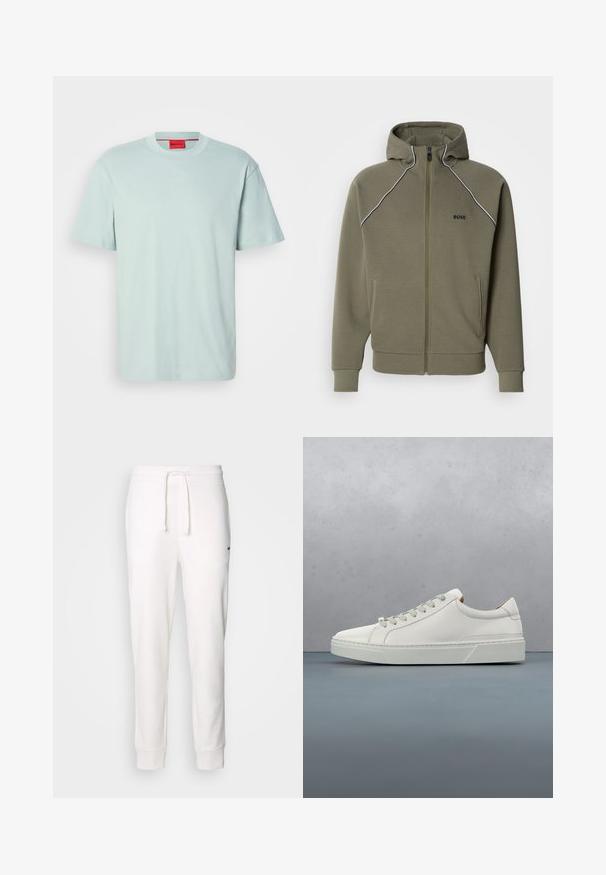Olijfgroene zip-up hoodie gemaakt van zacht stof, voorzien van een capuchon, witte biezen langs de schouders en twee zijzakken.; Lichtgroene T-shirt van katoen; ronde halsontwerp, korte mouwen, met een subtiele HUGO-logo in een contrasterende kleur.; Witte katoenen sweatpants met een elastische tailleband, een trekkoord en ribbelmanchetten. Heeft een klein zwart logo aan de zijkant.; Witte leren sneaker met een ronde neus, minimalistisch ontwerp, grijze veters en een gestructureerde grijze rubberen zool. Fijne stikdetails zichtbaar.