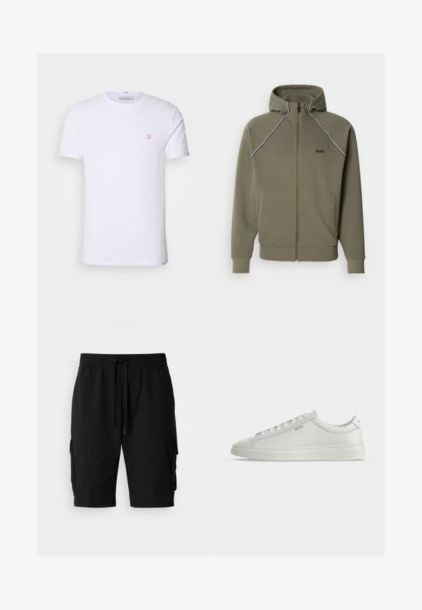 Olijfgroene zip-up hoodie gemaakt van zacht stof, voorzien van een capuchon, witte biezen langs de schouders en twee zijzakken.; Witte katoenen t-shirt met korte mouwen, met een klein oranje "II" logo op de linkerborst en een ronde halslijn. Eenvoudig ontwerp en textuur.; Zwarte cargoshorts gemaakt van lichtgewicht stof, met een elastische tailleband, een trekkoord en zijvakken voor extra opbergruimte.; Witte lage leren sneaker met veters, platte zool en klein gouden "BOSS" logo aan de zijkant, gezien vanaf de buitenkant.