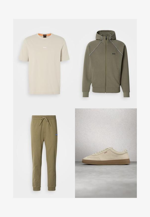 Sweat à capuche zippé vert olive en tissu doux, avec une capuche, un liseré blanc le long des épaules et deux poches latérales.; T-shirt beige à manches courtes, coupe décontractée, col rond et petit logo blanc "BOSS" centré sur la poitrine.; Pantalons de survêtement vert olive avec taille élastique et cordon de serrage. Comprend des poches latérales et des poignets côtelés. Fabriqué en matériau doux et extensible.; Baskets en daim beige clair avec une semelle en caoutchouc gomme, des lacets prononcés et des détails de couture subtils. Design épuré avec une esthétique minimaliste.