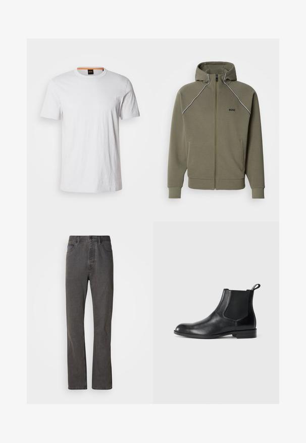 Olivgrüner Kapuzenpullover mit Reißverschluss aus weichem Stoff, mit Kapuze, weißen Paspeln an den Schultern und zwei Seitentaschen.; Weißes T-Shirt mit kurzen Ärmeln aus weicher Baumwolle, mit einem runden Ausschnitt und dezenter Logodetail in passendem Weiß auf der Vorderseite.; Graue Denim-Jeans im geraden Schnitt, mit frontalen Taschen, einem Knopfverschluss und subtiler Textur.; Schwarze Leder-Stiefelette mit elastischen Seiteneinsätzen, abgerundeter Zehenpartie und einem Zugschlauf. Glatte Textur, flache Sohle, minimalistisches Design.