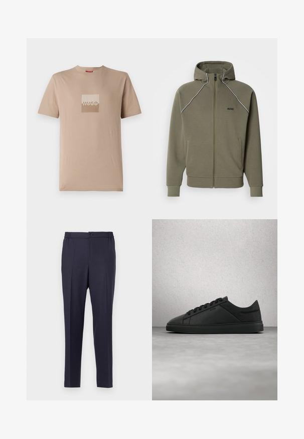 Sudadera con capucha de color verde oliva, de tela suave, con cremallera, capucha, ribetes blancos a lo largo de los hombros y dos bolsillos laterales.; Camiseta beige hecha de algodón, con un logo cuadrado en tonos blancos y marrones claros. Mangas cortas, cuello redondo, corte estándar.; Pantalones azul marino con frente plano, cintura elástica y cierre de botón. Corte recto y textura suave, adecuados para uso formal o casual.; Zapatilla deportiva negra de cuero de corte bajo con cordones y logo "BOSS" flotando sobre un suelo de hormigón liso cerca de bloques de vidrio.