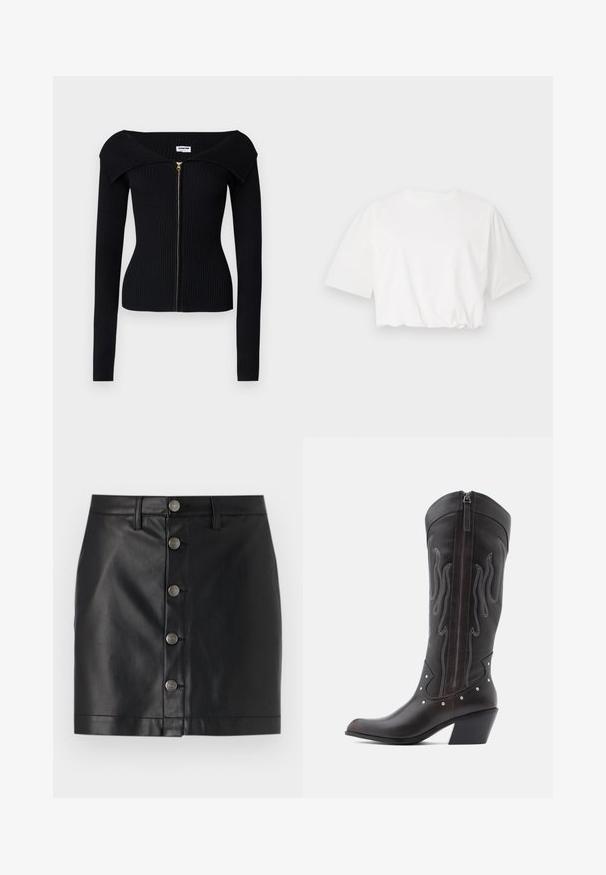 Noisy May NMJULIET CROP - Cardigan - black; Hvid kortærmet t-shirt med puffærmer, rund halsudskæring og samlet nederste kant, lavet af blødt bomuldsstof.; Sort læderskirt med tætsiddende design, der har fem sølvfarvede metalknapper ned foran og en lige kant. Glat tekstur.; Brune læder cowboystøvler med flammebroderi, sidelukning med lynlås, sølvnitter, spids snude og lagdelt hæl.
