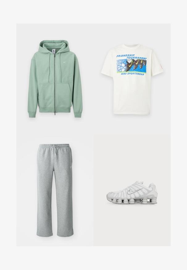 Minzgrüner Nike-Zip-up-Hoodie mit Kordelzug an der Kapuze, vorderen Kängurutaschen und kleinem weißen Logo auf der Brust.; Weißes T-Shirt mit einer Grafik von Fußballschuhen, die einen blau-weißen Nike-Fußball treten, sowie den Text "Friendship Tournament" und "Nike Sportswear."; Graue Sweatpants aus Baumwolle mit elastischem Bund, Kordelzugverschluss und geraden Beinen. Verfügt über ein kleines Logo auf der oberen linken Seite.; Weißer Nike Laufschuh mit sichtbarer luftgepolsterter Sohle und silbernem Swoosh-Logo an der Seite, von der Außenseite gezeigt.