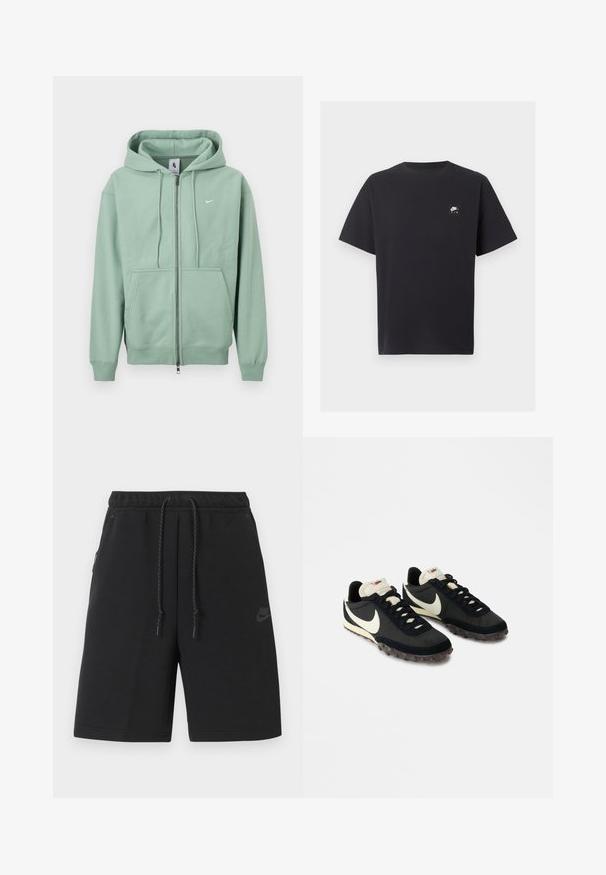 Sweat à capuche zippé Nike vert menthe avec cordon de serrage, poches kangourou à l'avant et petit logo blanc sur la poitrine.; T-shirt noir à manches courtes Nike Air avec col rond et petit logo blanc sur la poitrine gauche.; Shorts de sport noirs Nike avec taille élastique, cordon de serrage, poches latérales et logo discret sur la cuisse gauche.; Chaussures de sport noires avec une tige texturée, logo swoosh blanc et semelle en caoutchouc dotée de petits crampons pour une meilleure traction. Col de couleur crème.