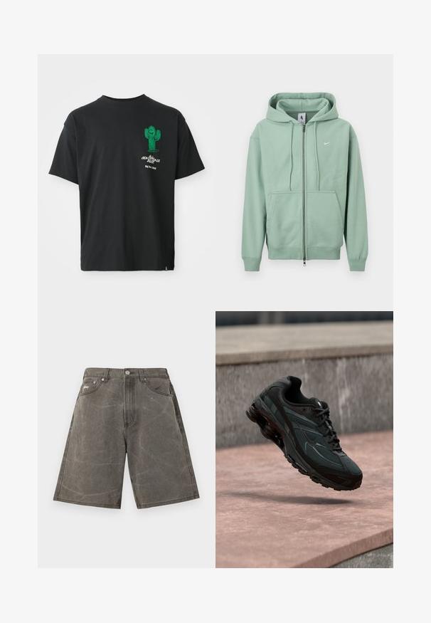 Sweat à capuche zippé Nike vert menthe avec cordon de serrage, poches kangourou à l'avant et petit logo blanc sur la poitrine.; T-shirt noir à manches courtes avec un cactus cartoon vert et le texte blanc "Conditions Gear Big Bend, Texas" sur la poitrine gauche.; Shorts en denim gris délavé à taille haute, avec poches avant, passants pour ceinture, fermeture par bouton et texture subtilement froissée.; Baskets athlétiques noires avec une semelle intercalaire à coussin d’air visible flottant au-dessus d’une surface en pierre rose avec un mur en pierre gris en arrière-plan.