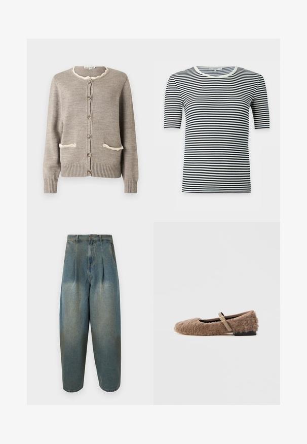 Cardigan marron clair en tricot texturé, avec un col cranté crème, deux poches à l'avant et des boutons marron. Poignets et ourlet côtelés.; T-shirt à manches courtes côtelé avec des rayures horizontales noires et blanches et un col rond.; Jean en denim bleu à taille haute, coupe ample, avec des plis, une fermeture avant à boutons et fermeture éclair, et des poches latérales.; Chaussure plate marron et duveteuse avec une bride Mary Jane et un détail de boucle dorée. Texture douce, bout carré et petit talon bloc. Doublure intérieure lisse.