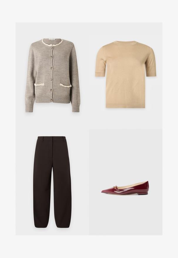 Cardigan marron clair en tricot texturé, avec un col cranté crème, deux poches à l'avant et des boutons marron. Poignets et ourlet côtelés.; Pull en tricot beige à manches courtes avec un col rond et un ourlet droit, présenté sur un fond clair uni.; Pantalons larges marron foncé en tissu lisse avec une taille plate, passants de ceinture et chevilles cintrées. Pas de motifs ni de éléments en métal visibles.; Ballerines en cuir verni bordeaux avec un bout pointu, présentant un petit détail découpé et un petit talon. Texture lisse et design épuré.