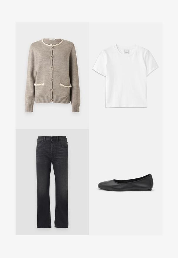 Lichtbruine cardigan met een gestructureerde brei, voorzien van een gegolfde crème halslijn, twee voorzakken en bruine knopen. Geribbelde manchetten en zoom.; Witte katoenen t-shirt met een ronde hals, korte mouwen en een rechte zoom. Label met "Won Hundred" aan de voorkant van de halslijn.; Zwarte denim jeans met een rechte pijp, voorzien van een klassieke vijf-pocketstijl, knoopsluiting en subtiele vervaging op de stof.; Zwarte leren ballerina met een ronde neus, gladde textuur, minimale stikdetails en een flexibele zoolontwerp.
