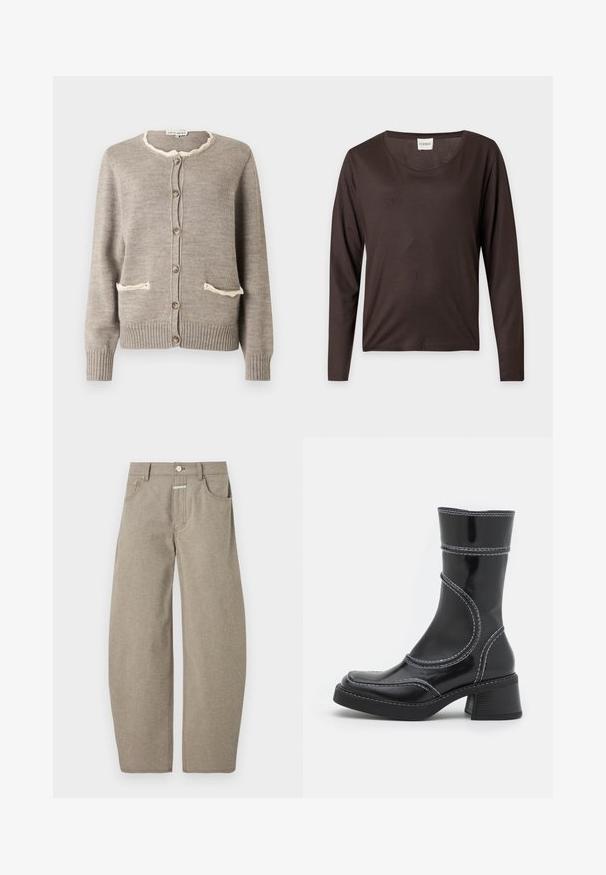 Cardigan marron clair en tricot texturé, avec un col cranté crème, deux poches à l'avant et des boutons marron. Poignets et ourlet côtelés.; Chemise à manches longues marron foncé avec encolure ronde, ourlet droit et une petite étiquette blanche indiquant "CLOSED" à l’intérieur du col.; CLOSED JAZZIE - Jean boyfriend - silt grey; Bottine en cuir verni noir avec des coutures blanches, bout arrondi et talon carré. Présente des lignes de design courbées et une texture lisse.